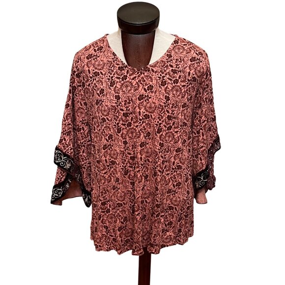 Soft Surroundings Pink Brown Floral Embroidered Bell Sleeve Tunic 1X Fairygoth - Picture 1 of 10